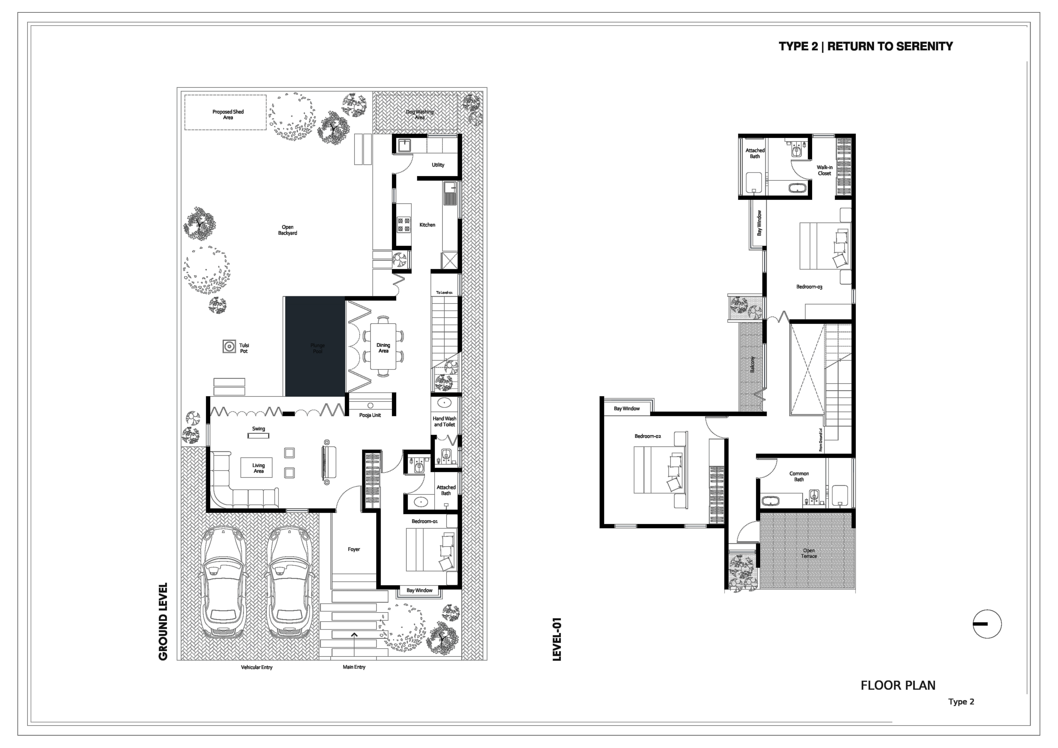 Type 2 labelled floor plan, ground level and Level 01
