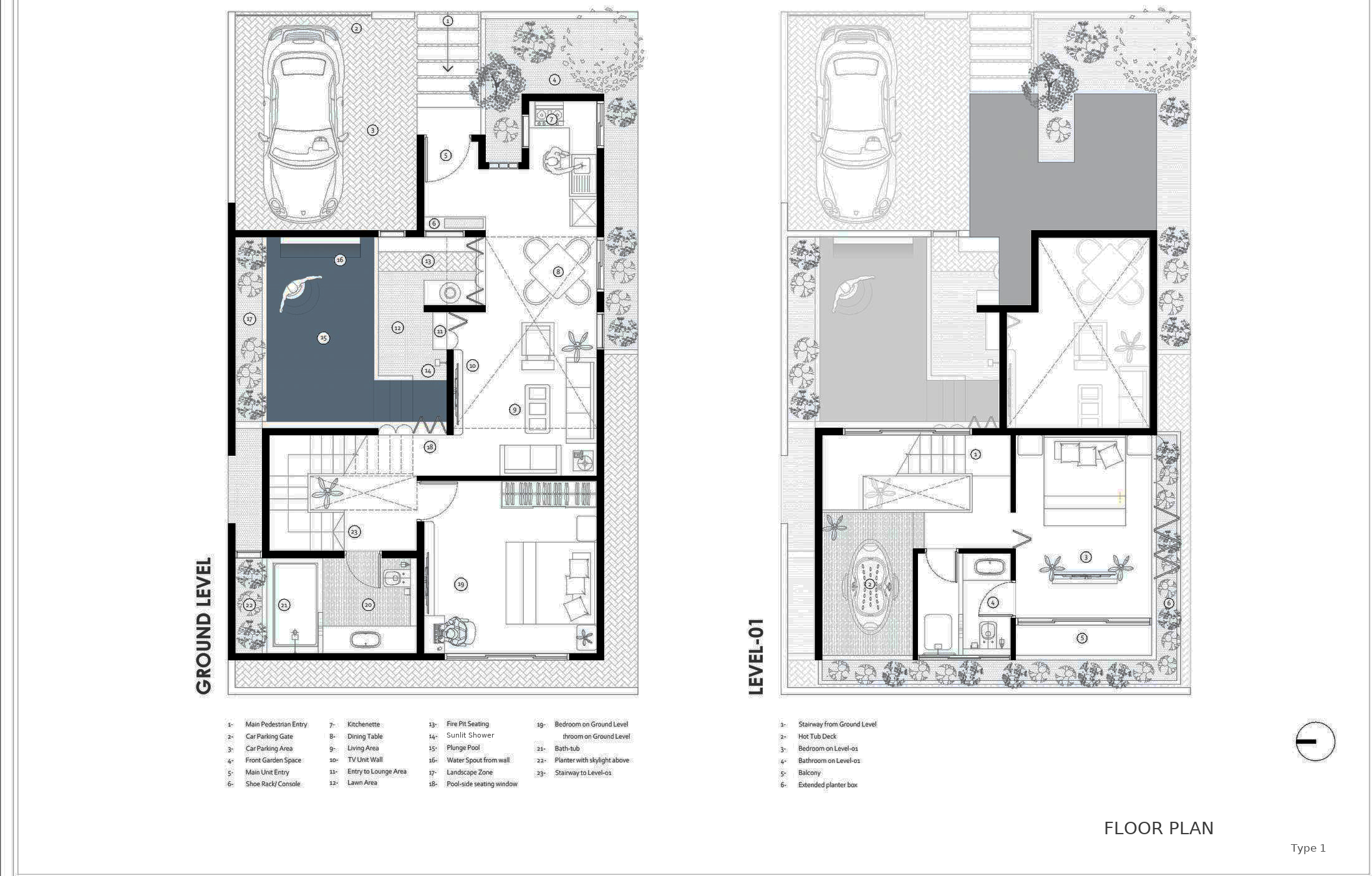 Type 1 floor plan, ground level and Level 01