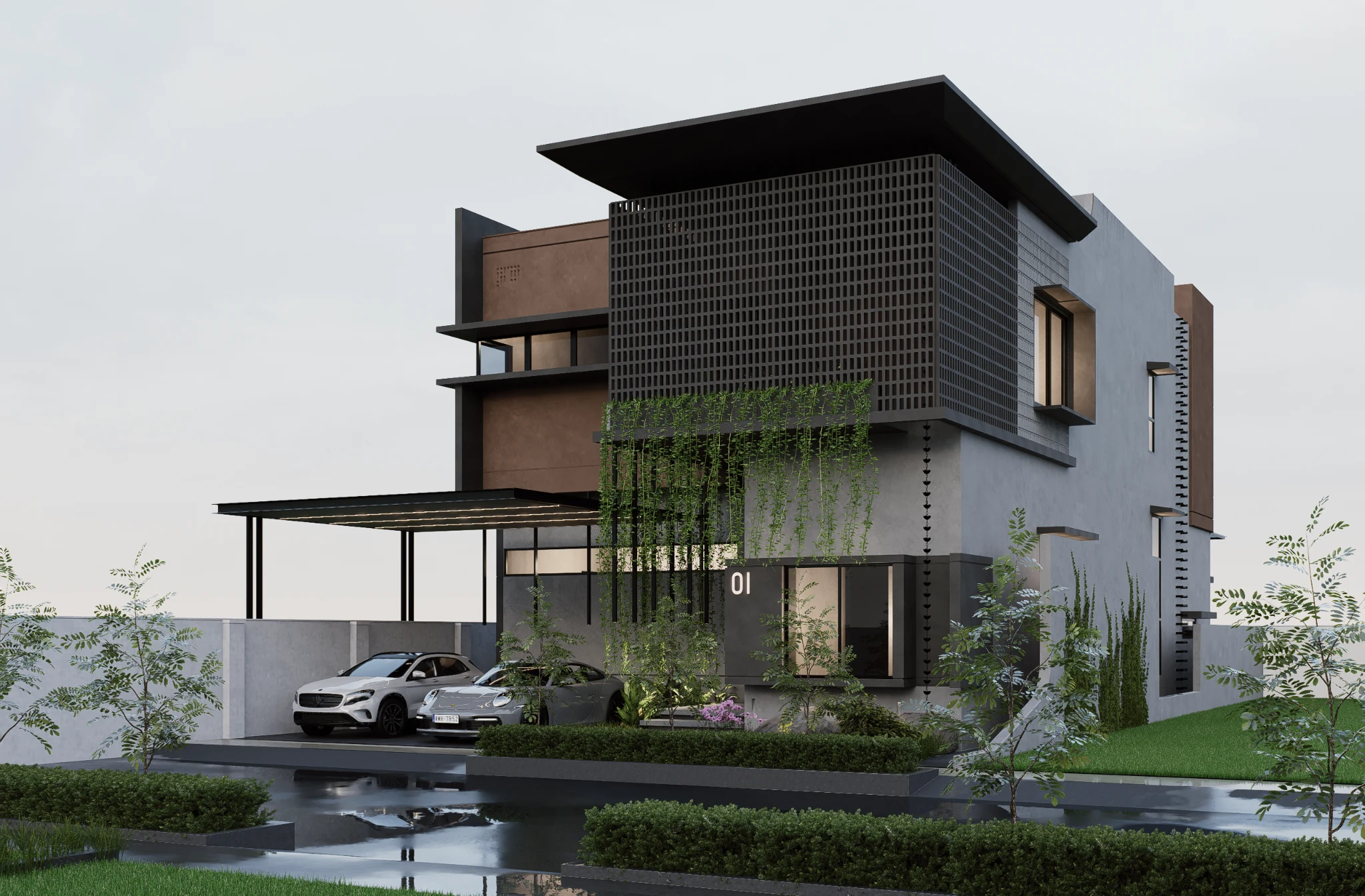 Type 2 villa exterior three-quarter view — architectural visualisation